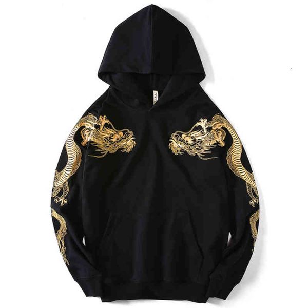 

spring new men's sweatshirt 2021 harajuku hip hop cross double dragon embroidered long sleeve hoodie m -- xxxxl, Black