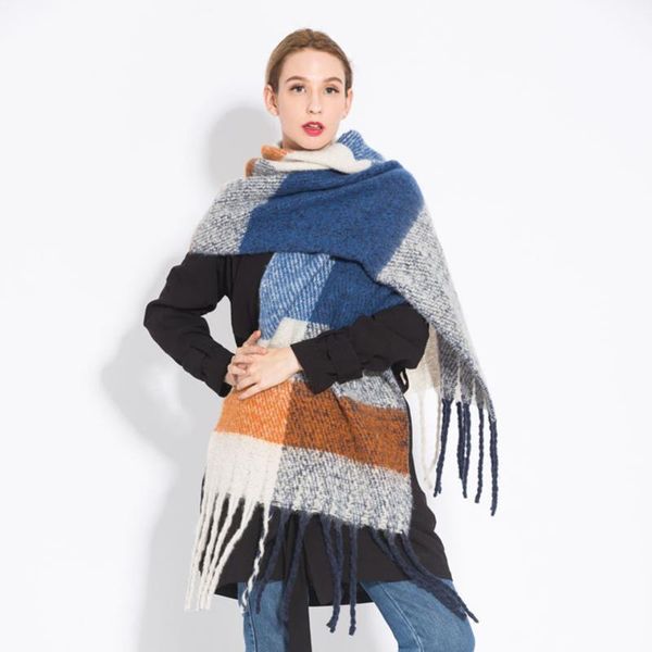 

scarves cashmere women plaid scarf winter warm shawl and wrap bandana pashmina long tassel female foulard thick blanket, Blue;gray