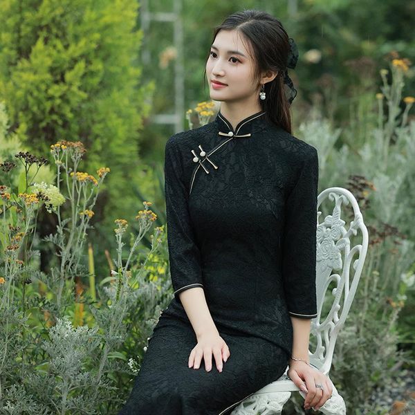

ethnic clothing female black lace floral qipao slim vintage button cheongsams long mandarin collar chinese banquet dress gown oversize, Red