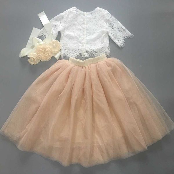 Summer Girls Clothing Set Spitzenweste +Straight Tutu Rock Kinder Guaze Prinzessin Party-Outfit für Kleinkind 1-8 Jahre Champagner 210529