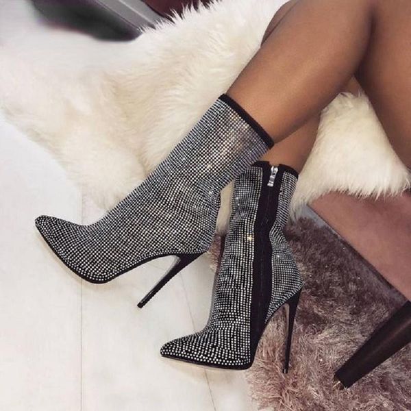 

boots women ankle plus size 35-42 rhinestones high heels shoes woman zip pointed toe motorcycle for females, Black