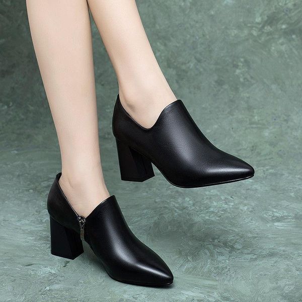 

dress shoes pointed toe high heels women 2021 autumn single woman soft pu leather shoe square heel female korea style side zip black