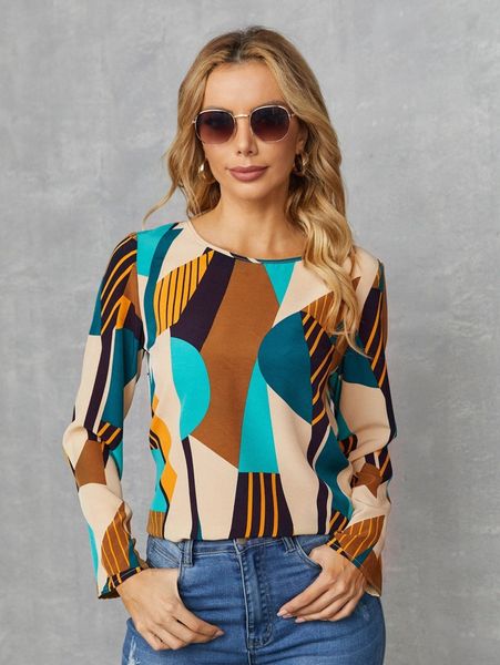 

geo print round neck blouse w1nm#, White