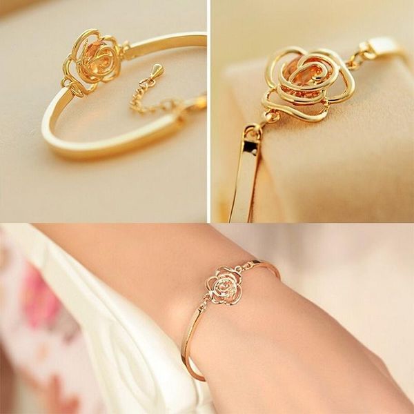 

1pc chic women hand jewelry hollow out rose carving crystal bracelets, Black