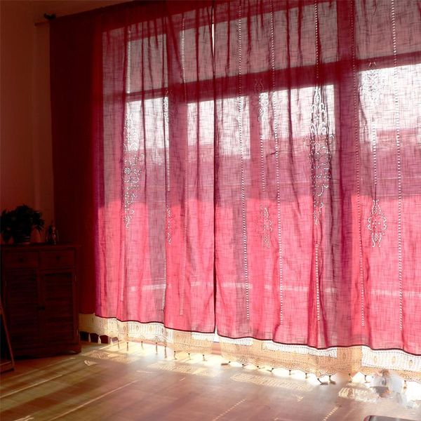 

curtain & drapes rose red cotton linen handmade hollow geometric pattern crochet tassel hem balcony /bedroom finished 175cm width