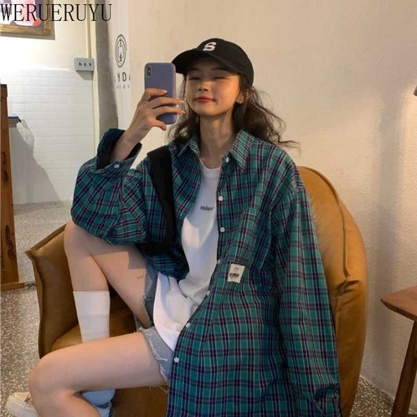 

werueruyu plaid shirts women and blouses long sleeve oversized cotton ladies casual one pocket loose female checked shirt 210608, White