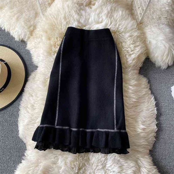 

autumn winter temperament knitted bag hip skirt female ruffled fishtail thin wool uk677 210506, Black