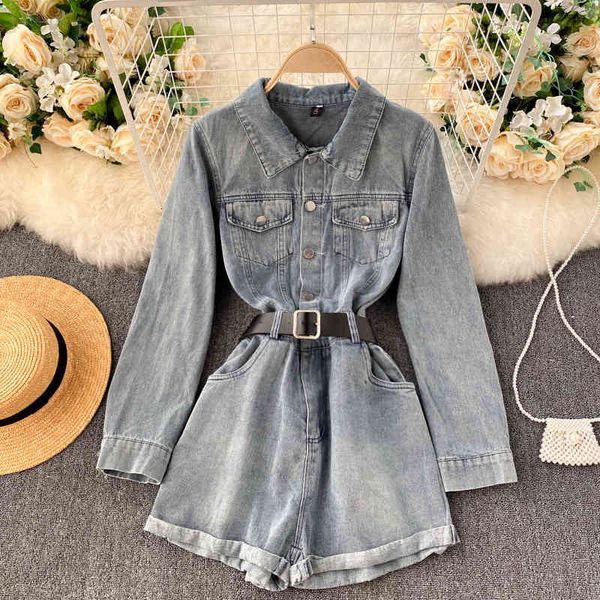 

women's jumpsuits & rompers foamlina vintage denim jeans playsuit autumn long sleeve short jumpsuit lapel collar single breasted w, Black;white