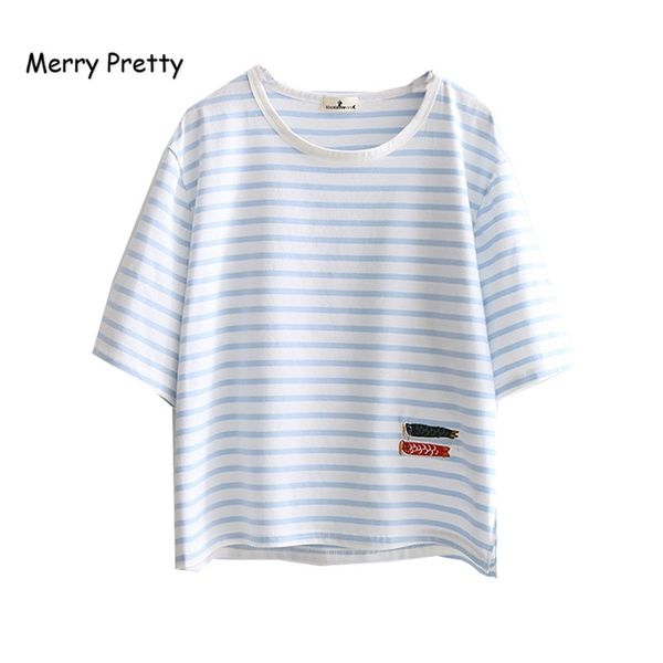 

merry pretty summer harajuku women t shirt short sleeve o neck striped funny girls t-shirts fish embroidery sweet drop ship 210526, White