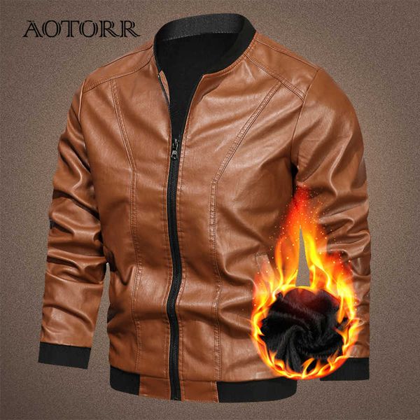 

winter mens pu jackets thick warm fashion men's motorcycle jacket windproof leather coat male v neck leather cool 211018, Black