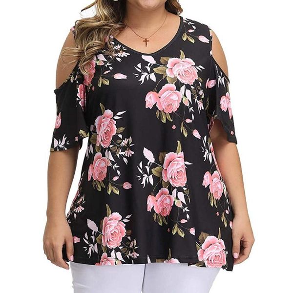 

women's t-shirt large size women floral print short sleeve leakage shoulder o-neck up fft, White