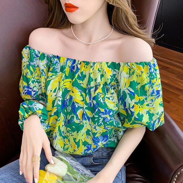 

women's blouses & shirts 2021 summer design mesh short puff sleeve elastic loose one shoulder noble lady dating office shirt woman, White