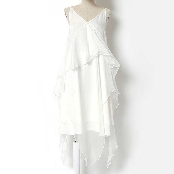 

perhaps u v neck strap sleeveless backless lace up chiffon ruffle solid white black a line summer dress loose d0576 210529, Black;gray
