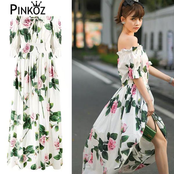 Moda Designer Maxi Dress Mulheres Primavera Verão Mulheres Spruff Sleeve Rose Floral-Print Férias Boho Robe Es 210421