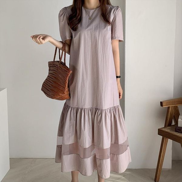 

[ewq] black mesh patchwork ruffles womens dress round neck short sleeve loose fashion casual tide spring summer purple, Black;gray