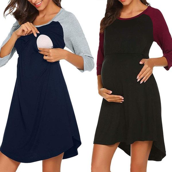 

dress for pregnant women round neck color plus size dresses loose pullover casual, Black;gray
