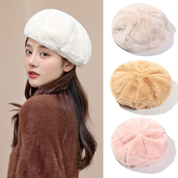 

beanies women girl beret hat winter warm faux fur french artist cap vintage plain elegant lady caps