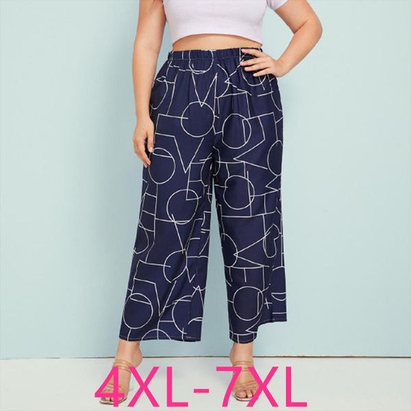 

summer plus size long loose women capri casual elastic waist thin print wide leg straight trousers blue 4xl 5xl 6xl, Black;white