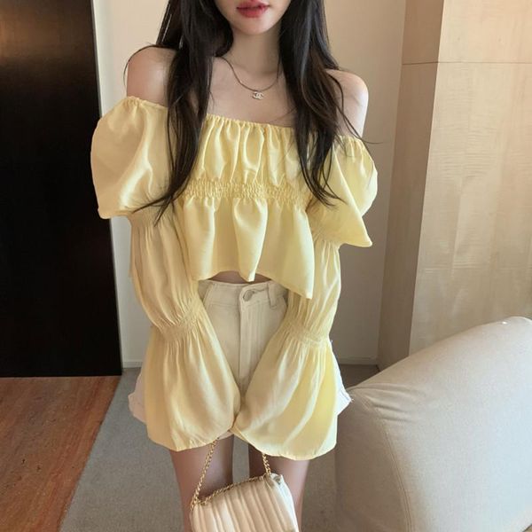 

women's blouses & shirts hzirip 2021 autumn ladies puff sleeves slash neck solid color gentle minimalist classic sweet fashion casual t, White