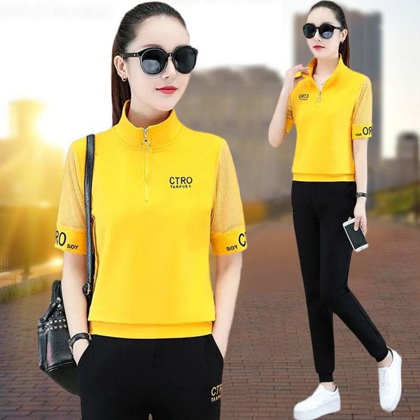 

women's two piece pants sports suit women summer fashion zipper stand collar mesh short sleeve t shirt set plus size clothes, White