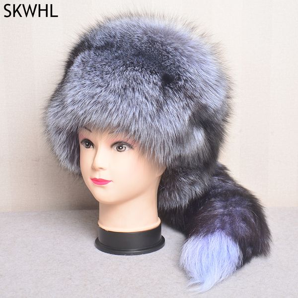 

real fox fur hats for women winter fashionable stylish russian thick warm beanie hat natural fluffy with tail bomber, Silver