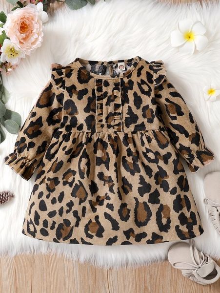 

baby corduroy leopard ruffle trim smock dress she, Red;yellow