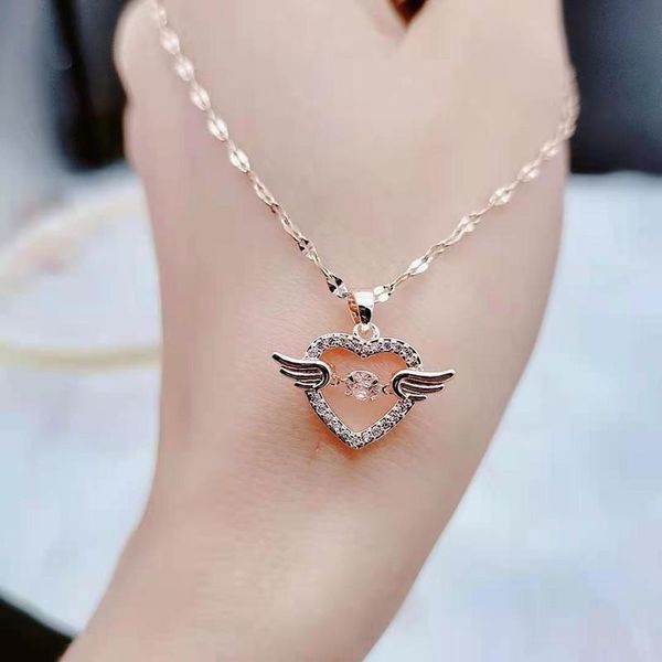 

pendant necklaces beating heart water machine wing angel niche trendy titanium steel necklace female 2021 fashion jewelry gift, Silver