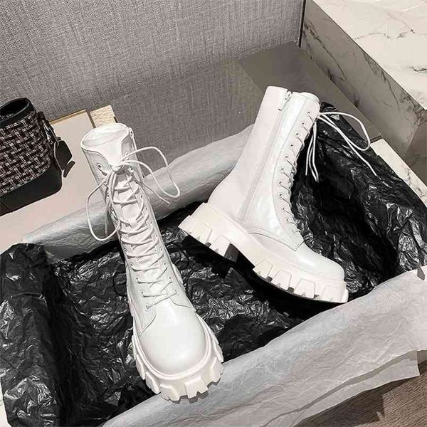 

winter boots heel ankle for women white lace up platform autumn ins chunky motorcycle 210914, Black