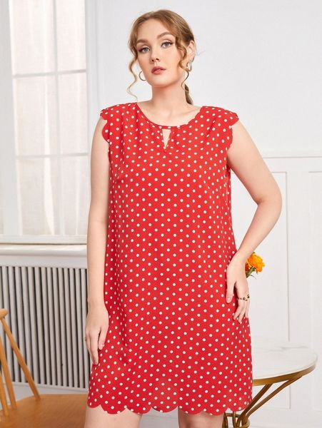 

plus keyhole neck polka dot print scallop trim dress w6ry#, Black