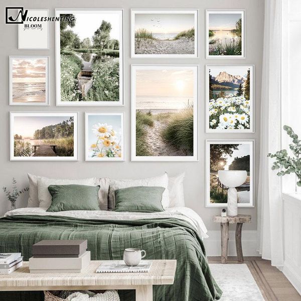

paintings spring flower lake nordic canvas painting sunset nature landscape scandinavian poster print wall art decoration picture