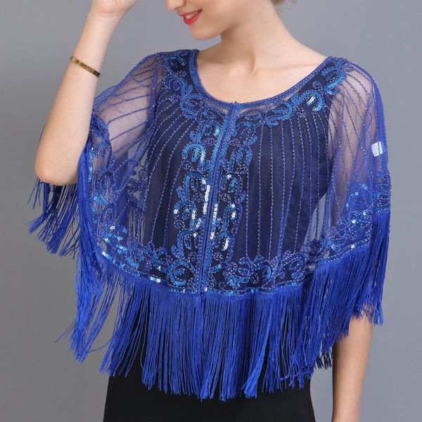 

scarves 1920s shawl wraps embellished beaded sequin fringe evening cape sheer mesh bridal cover up for wedding party, Blue;gray