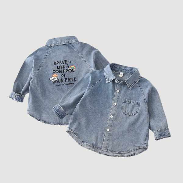 

spring childrens clothing baby boys single-breasted denim jacket 2-9 years old printed letters washed denim shirt jean jacket, Blue;gray