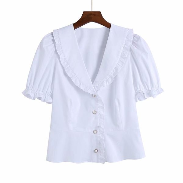 

women summer sweet white shirts blouses za short sleeve poplin turn-down collar female casual clothes blusas 210513