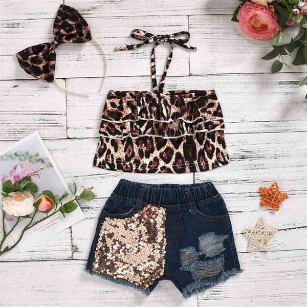 

summer kid clothing toddler infant baby girl halter leopard sling sequin denim hole shorts headband outfit set 210528, White