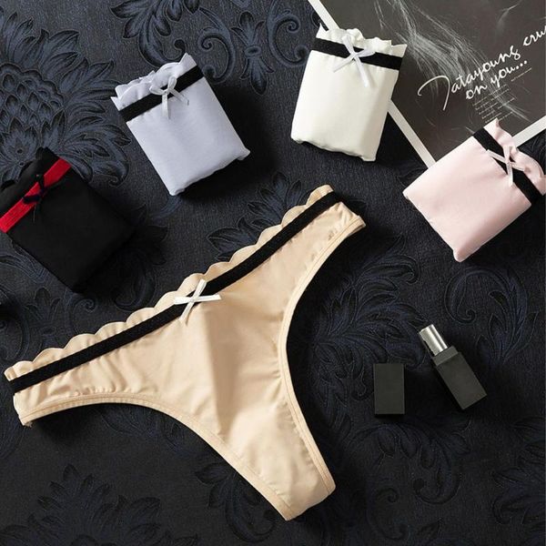 

women's panties bow low waist underwear cotton crotch thongs lingeries half-pack hip ice silk briefs seamless comfortable women, Black;pink