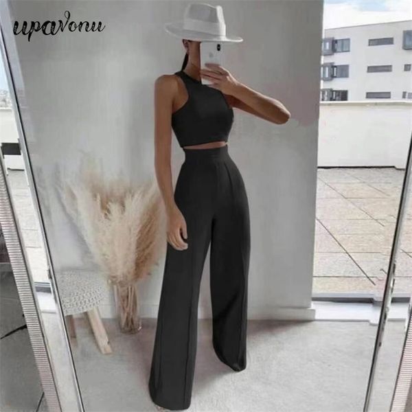 

summer women's black knit pants set o-neck sleeveless tight & wide leg casual two-piece 210524, White