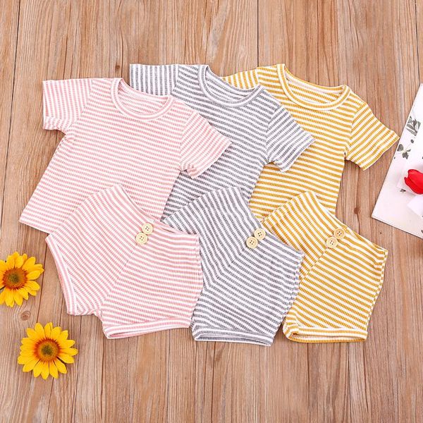 

summer baby toddler cotton stripe printing short sleeve t-shirt buttons shorts kids sets fashion casual outfits clothing, White