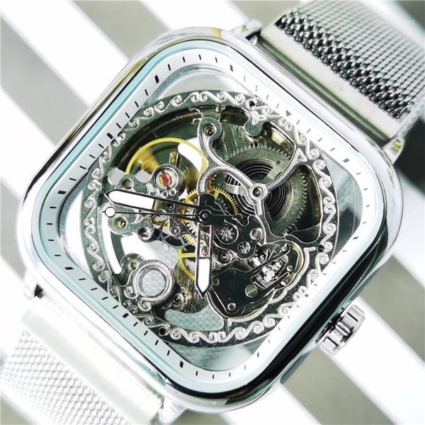 

forsining men mechanical watches automatic transparent fashion mesh steel band magnet clasp square wristwatch skeleton man male wristwatches, Slivery;brown