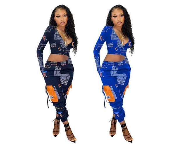 

2021 style european and american women's print big pocket english alphabet black blue two-piece suit women tracksuit, Gray