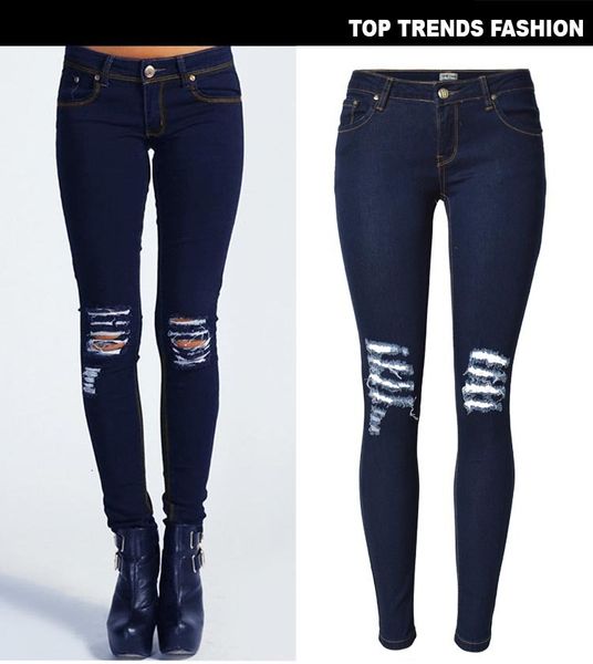

spring fashion women's knee hole low waist denim pants small leg pencil large size, Blue