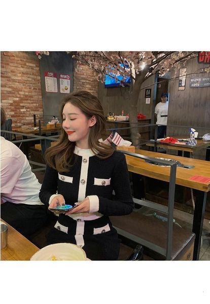 

casual dresses autumn color button decorated long sleeve knitted women's fashion chic single breasted dress dkew, Black;gray