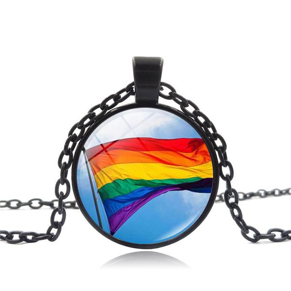 Beliebte LGBT-Halsketten, Vintage-Gay-Pride-Regenbogen-Kettenhalskette, runde Zeit-Edelstein-Anhänger-Halsketten-Schmuck