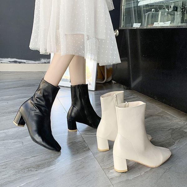 

boots autumn thin elastic mid-heel short women thick heel square head side zipper 2021 fashion, Black