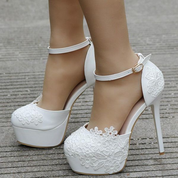 

dress shoes plus size lace appliques high heel wedding pumps women white color round toe thin bride bridesmaid solid female, Black