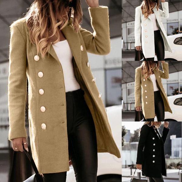 

women's wool & blends trench jacket for women faux woolen coat 2021 autumn winter casual thin ladies warm slim long overcoat vestes d&#, Black