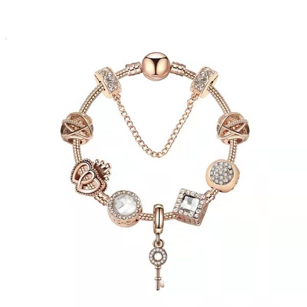 18 19 20CM Fascino magico Perline Fili d'oro rosa Bracciale con perline multifilo 925 Catena di serpente placcata argento Ciondolo chiave come regalo di gioielli fai da te