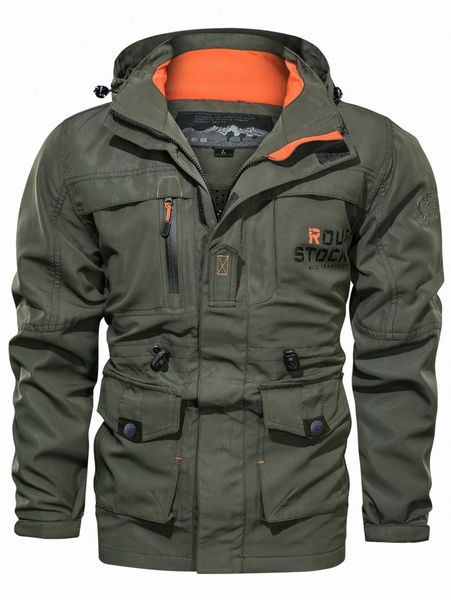 

men letter graphic flap pocket hooded jacket 50wr#, Black;brown
