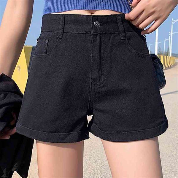 Mulheres Jean Shorts Alto Cintura Larga Perna Jeans Denim Casual Branco Feminino Bolsos de Algodão Verão Moda Senhoras 210719