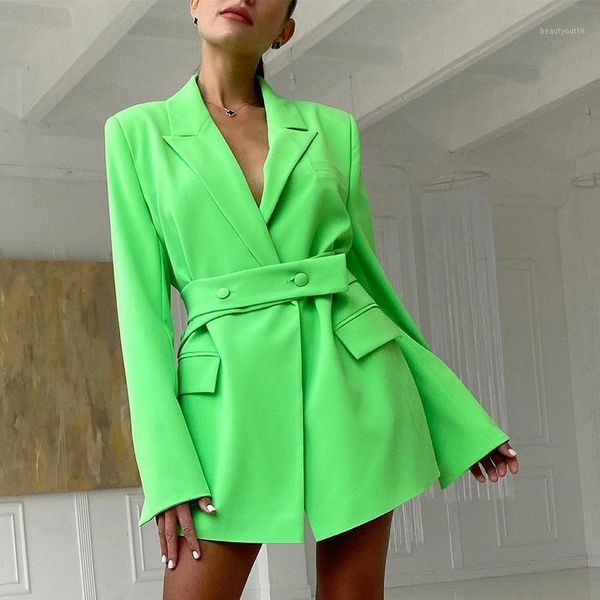 

women's suits & blazers agong solid women fashion tie belt buttons jackets elegant long sleeve notched female ladies, White;black