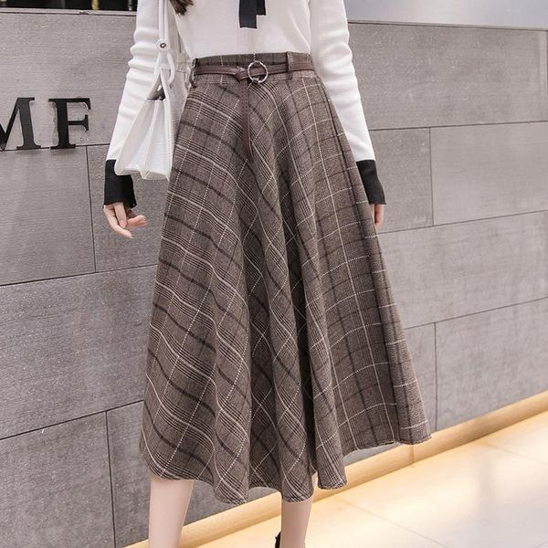 

skirts vintage women tweed skirt winter midi high waist a-line plaid office lady outfits jk466, Black